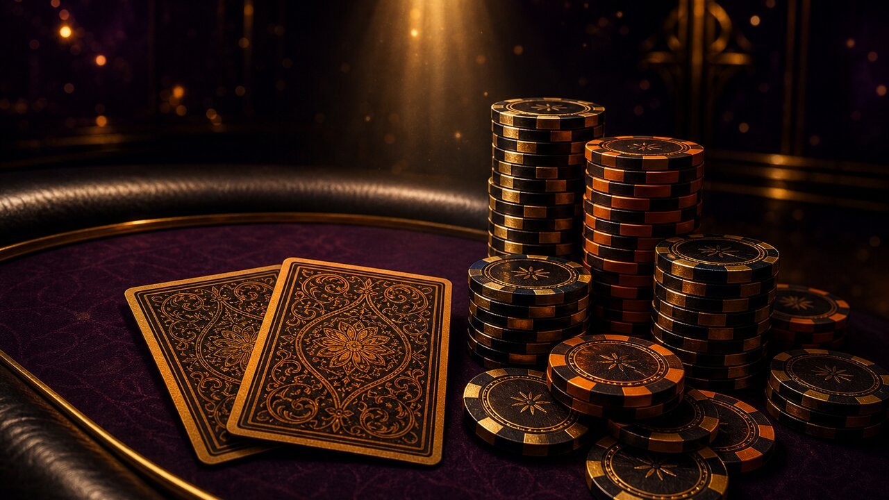 Ilustración de mesa de blackjack con cartas y fichas doradas