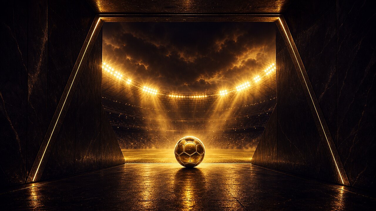 Túnel de estadio con reflectores dorados y balón brillante