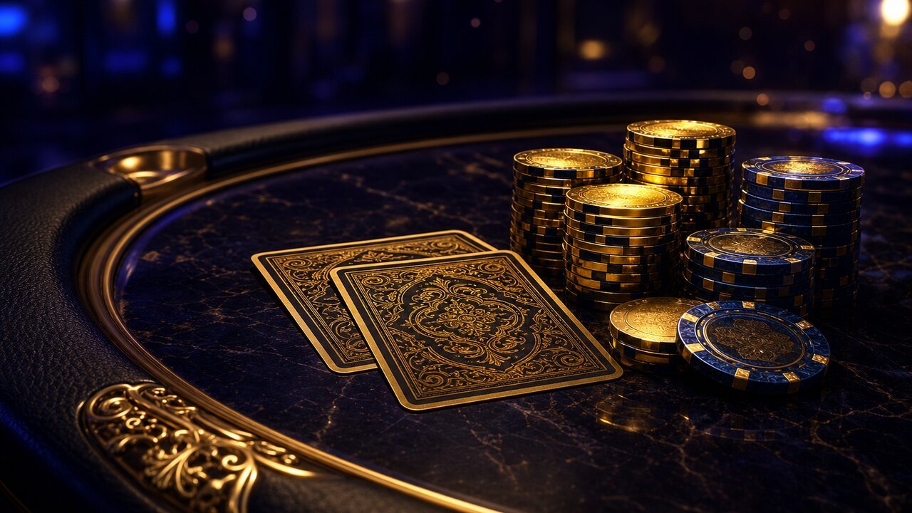 Mesa de casino en vivo con cartas boca abajo y fichas doradas
