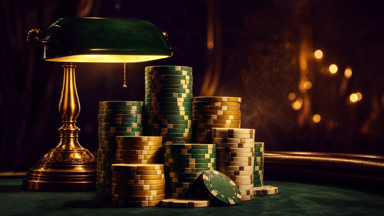 Pilas de fichas clásicas junto a lámpara de banquero verde