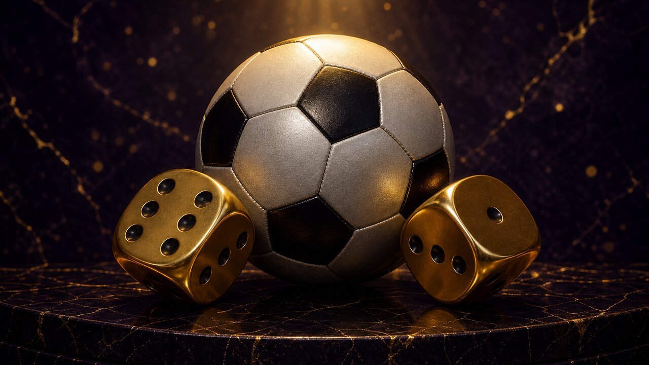 Balón de fútbol con dados dorados sobre pedestal de mármol