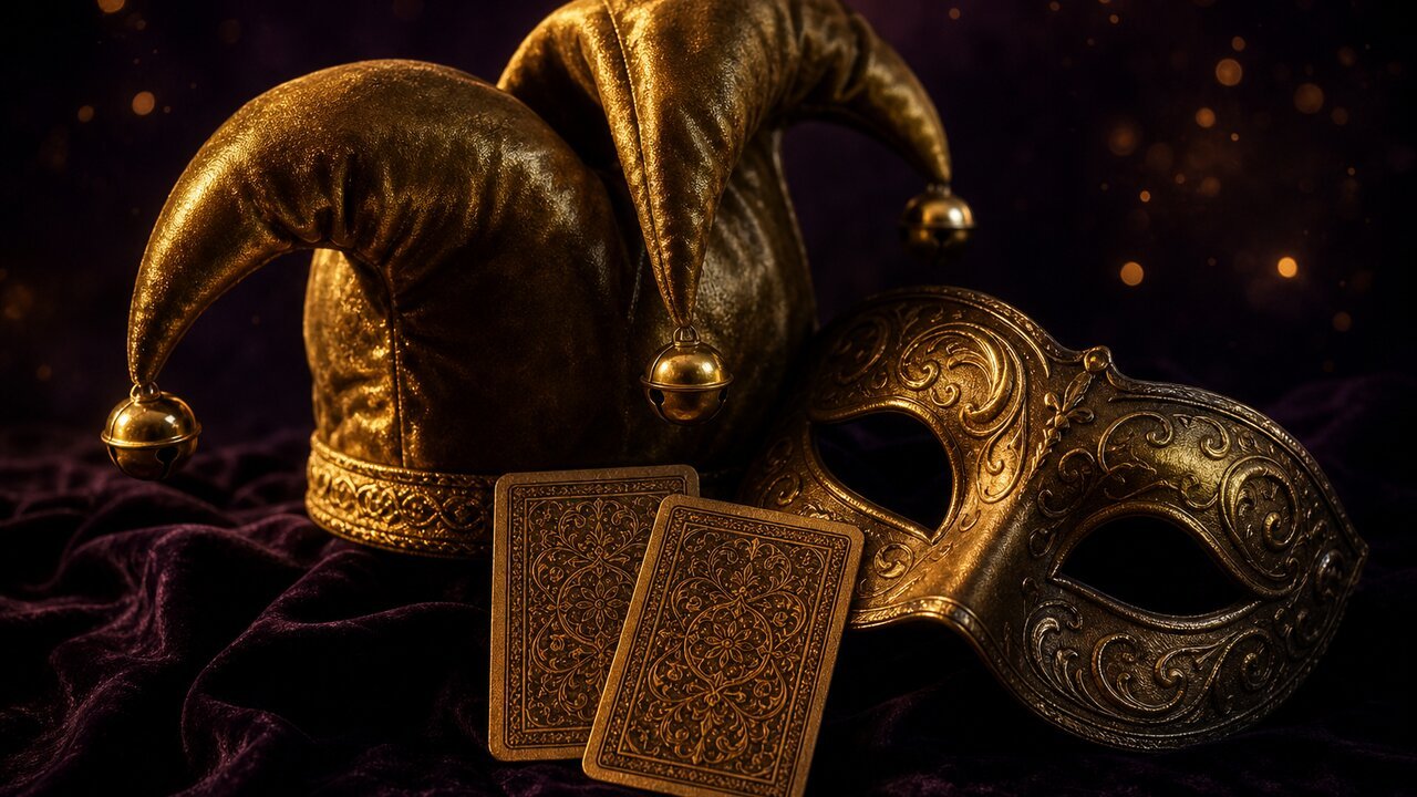 Sombrero de bufón dorado junto a máscara veneciana sobre terciopelo