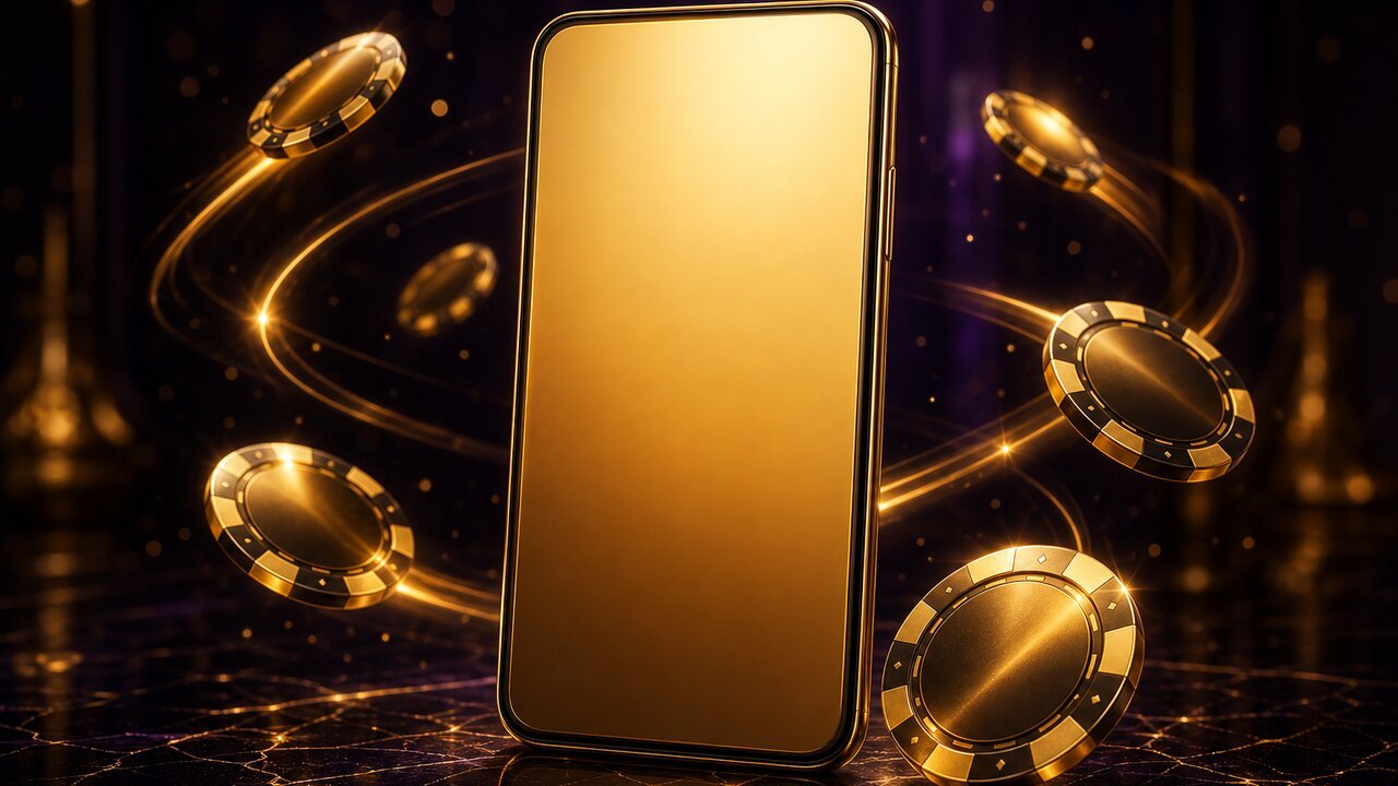 Teléfono dorado rodeado de fichas de casino en órbita