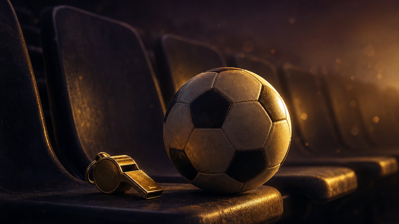 Balón y silbato dorado sobre gradería vacía en penumbra