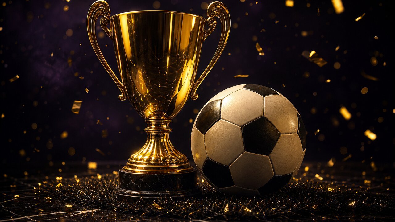 Trofeo dorado junto a balón de fútbol sobre césped oscuro