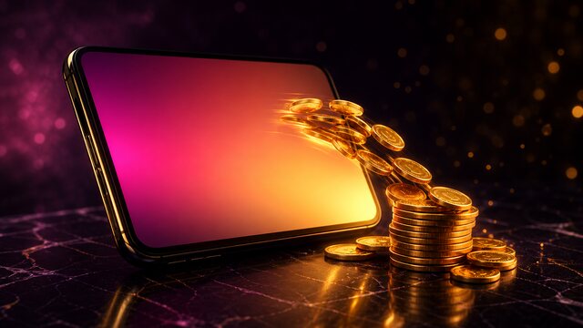 Teléfono con pantalla degradada y flujo de monedas doradas