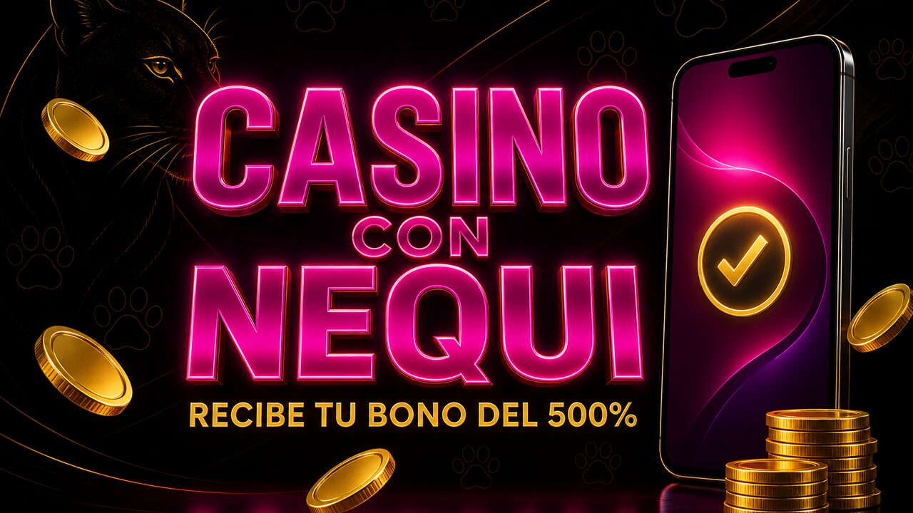 Banner Casino con Nequi: teléfono con pago confirmado, monedas doradas y bono del 500%