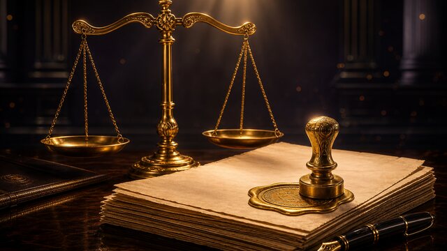 Balanza de justicia dorada junto a documentos con sello de cera