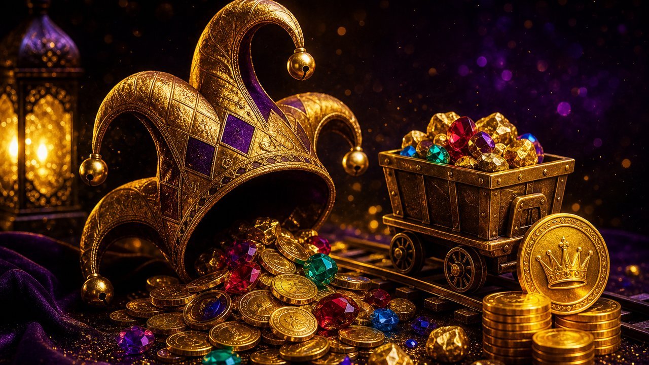 Sombrero de bufón dorado, vagón minero con gemas y monedas con corona