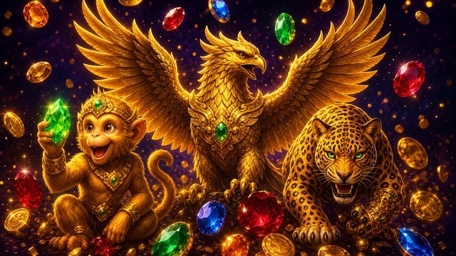 Garuda dorada, mono con gema y jaguar entre gemas de colores