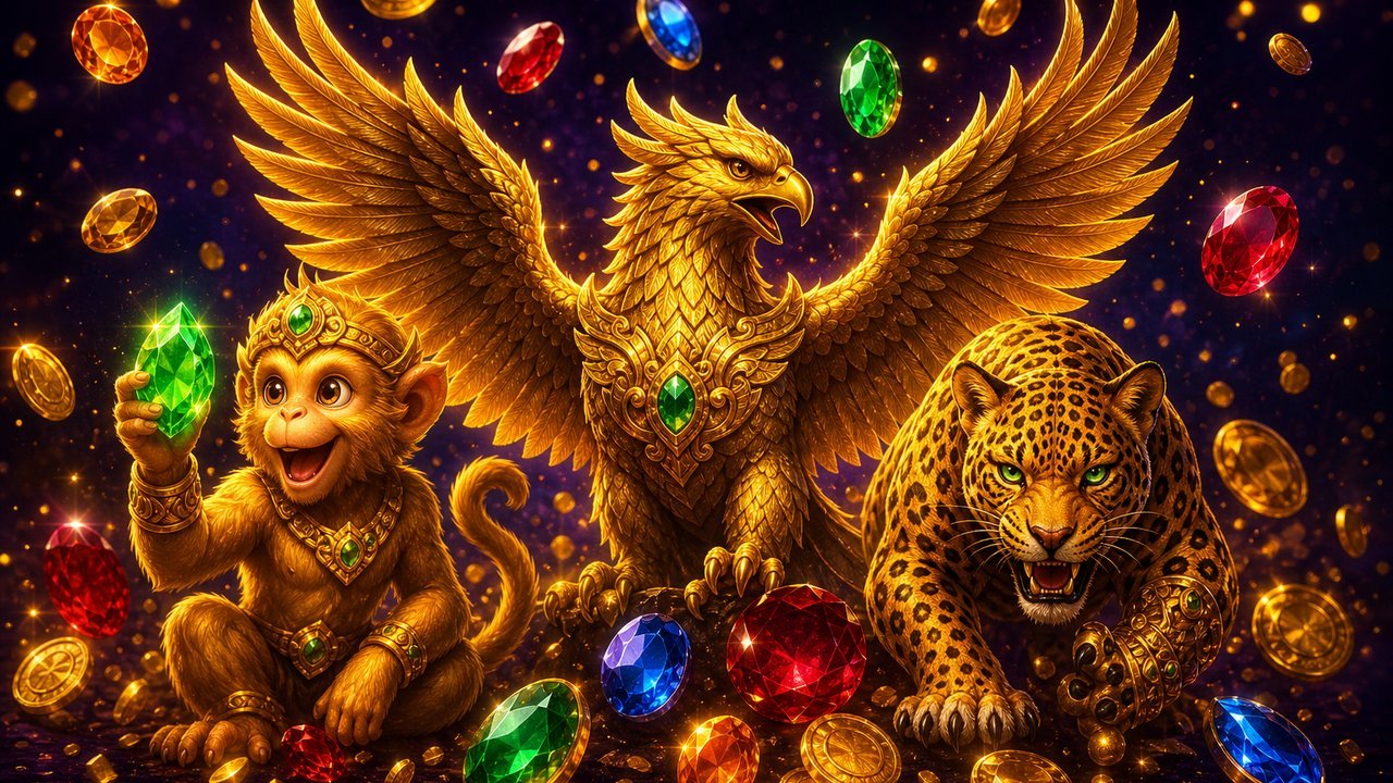 Garuda dorada, mono con gema y jaguar entre gemas de colores